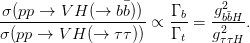 σ(pp-→--V-H-(→-bb))-   Γ b   g2bbH--
σ(pp →  VH (→  ττ )) ∝ Γ  =  g2  .
                        t     ττH
